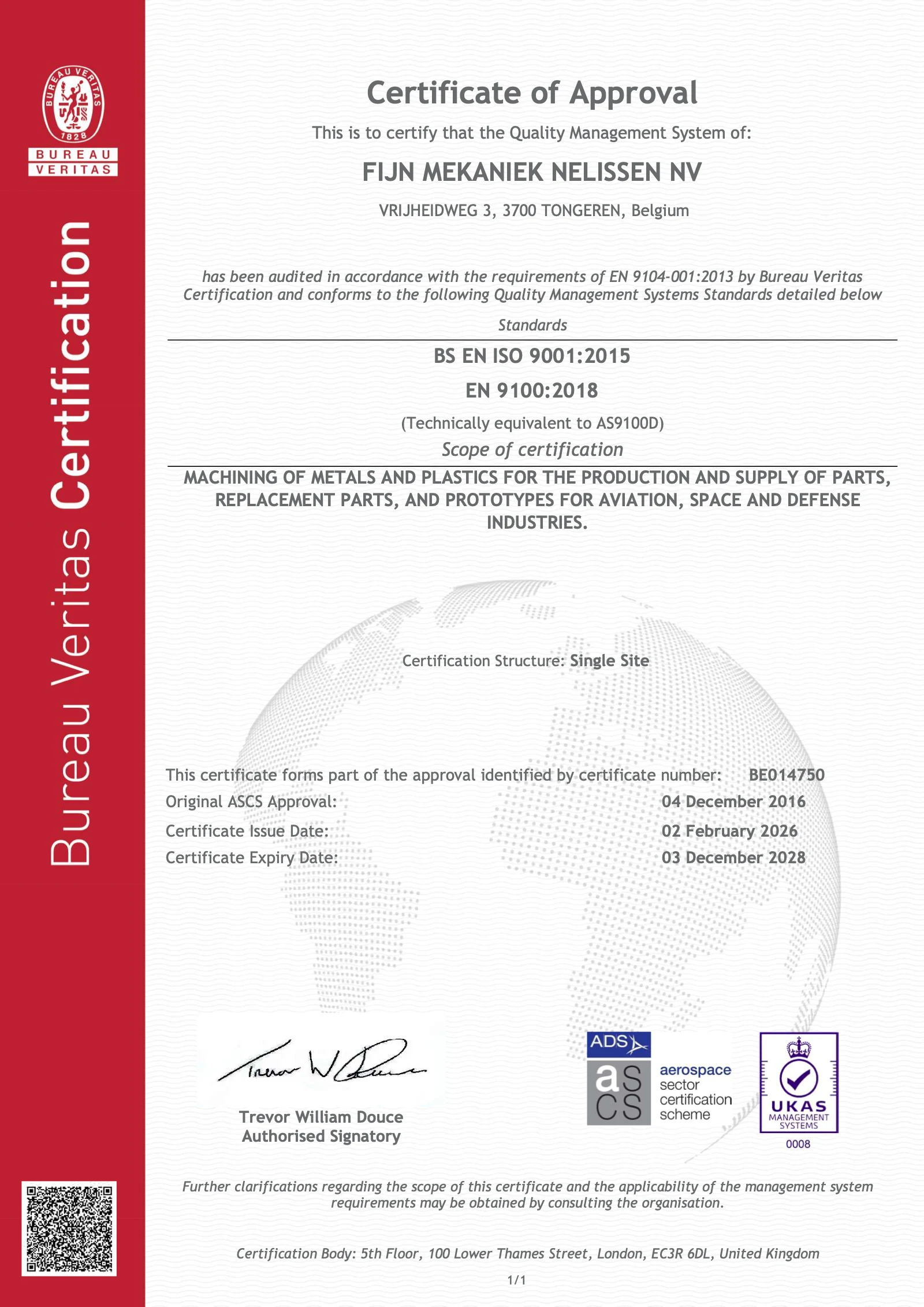Het EN 9100:2018 en ISO 9001:2015 certificaat van Fijn Mekaniek Nelissen